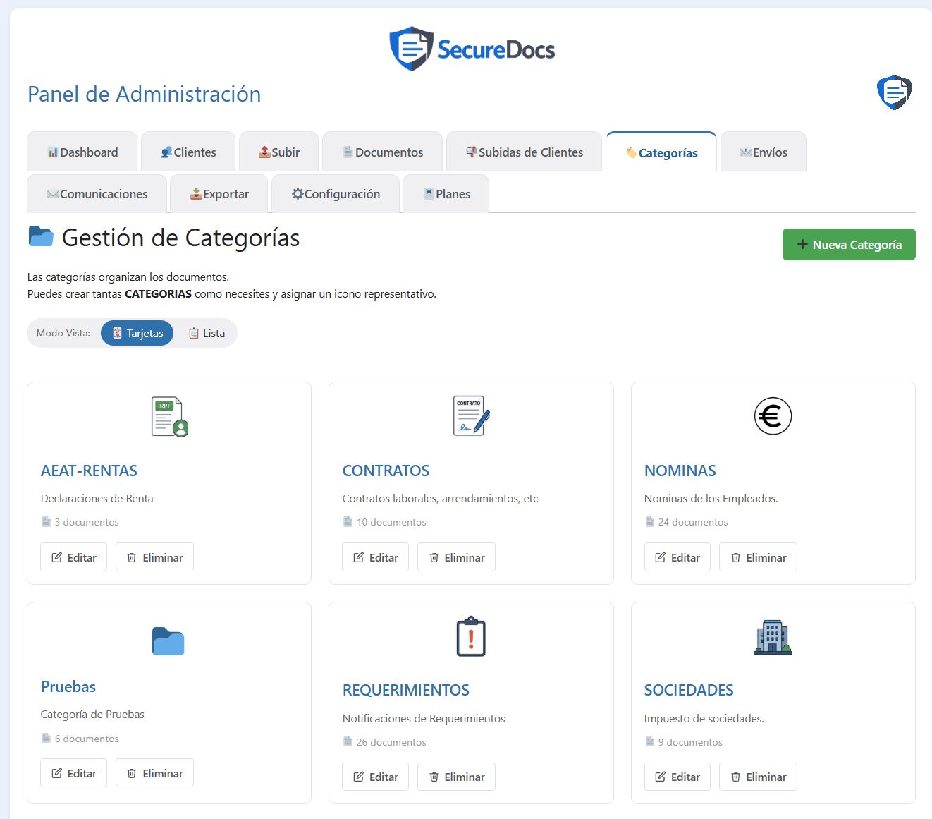 Gestion de categorias en SecureDocs: AEAT-Rentas, Contratos, Nominas, Requerimientos, Sociedades, cada una con su icono y su contador de documentos.