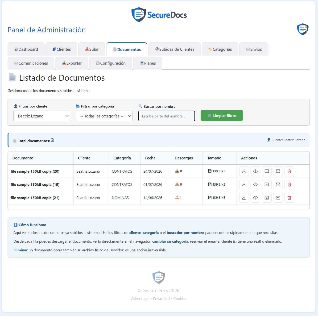 Alta de un cliente nuevo en SecureDocs: eliges si tendra acceso al area privada o solo entrega de archivo, y en segundos queda de alta.
